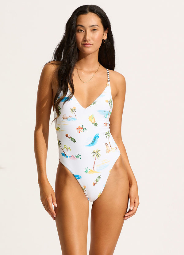 Collective Swimwear - Isla Palm V Neck One Piece - White featured image