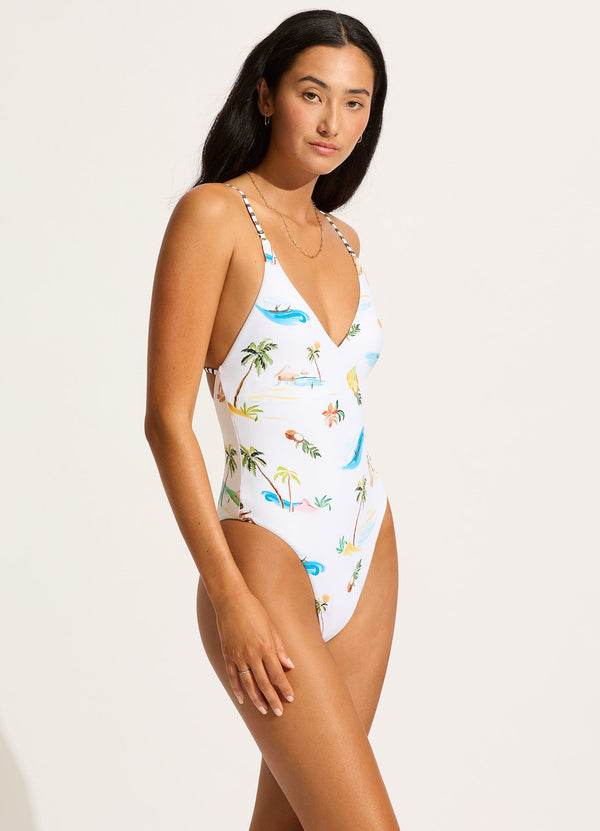 Collective Swimwear - Isla Palm V Neck One Piece - White third image