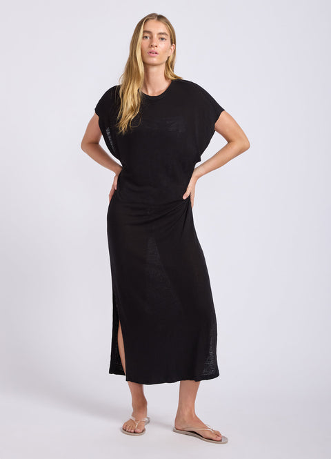 Black Slub Linen Batwing T-Shirt Dress