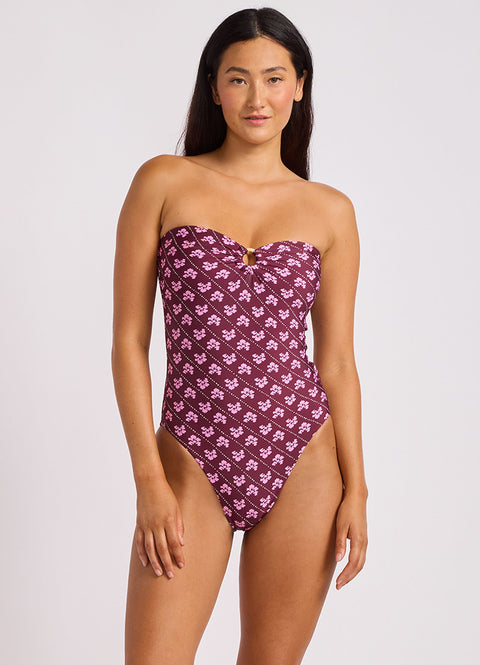 Black Batik Bloom Bandeau One Piece Swimsuit