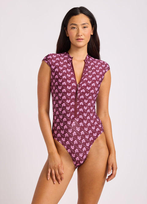 Black Batik Bloom Cap Sleeve Zip Front One Piece Swimsuit