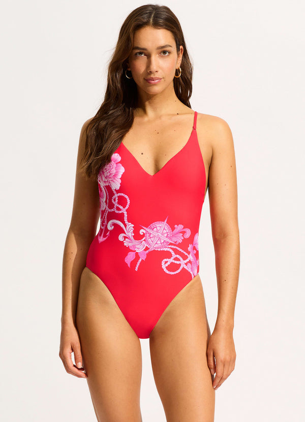 Ahoy V Neck One Piece - Chilli Red