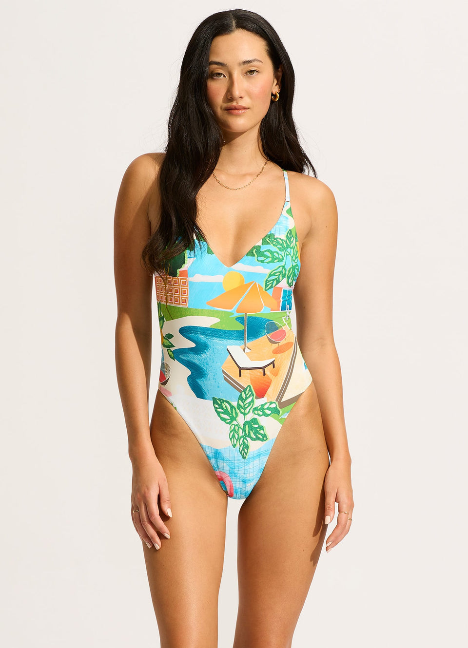 Sunset V Neck One Piece Swimsuit Turquoise – Seafolly Australia