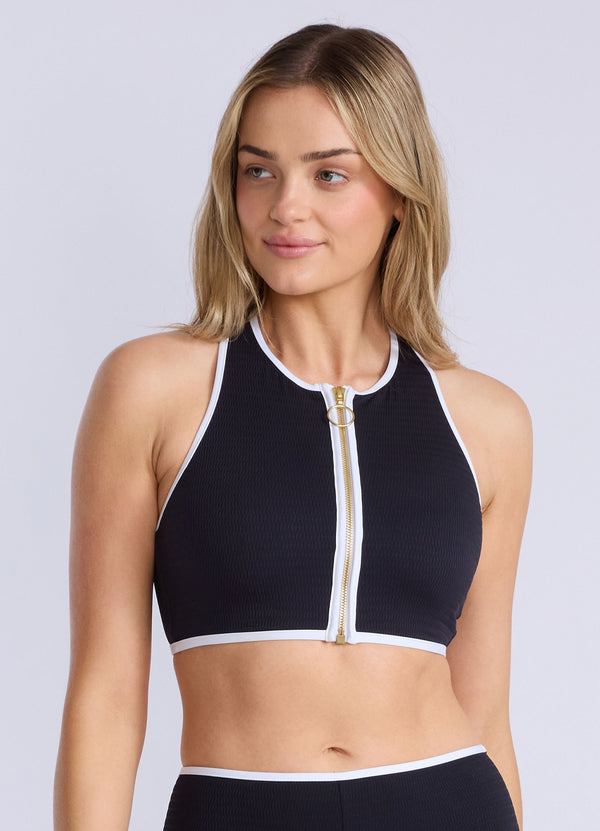 Beach Bound Zip Front Tank Bikini Top - Black