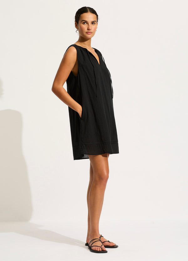 Gathered Neck Mini Dress - Black