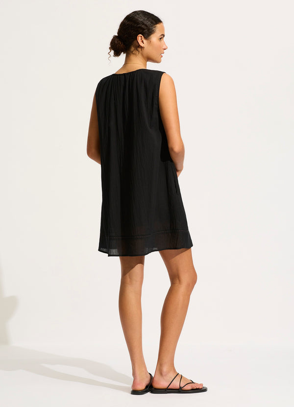 Gathered Neck Mini Dress - Black