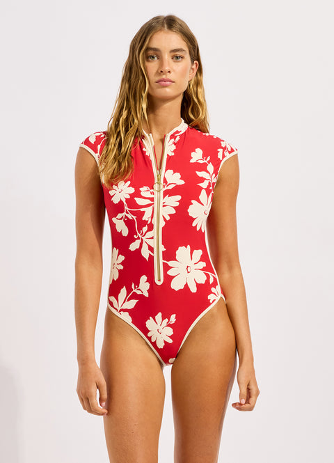 Black Mayflower Cap Sleeve Zip Front One Piece Swimsuit