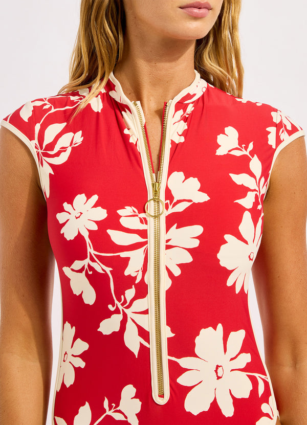 Mayflower Cap Sleeve Zip Front One Piece Swimsuit