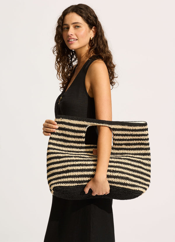 Raffia Stripe Basket Bag - Natural/Black