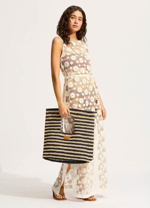 Raffia Stripe Basket Bag - Natural/Black