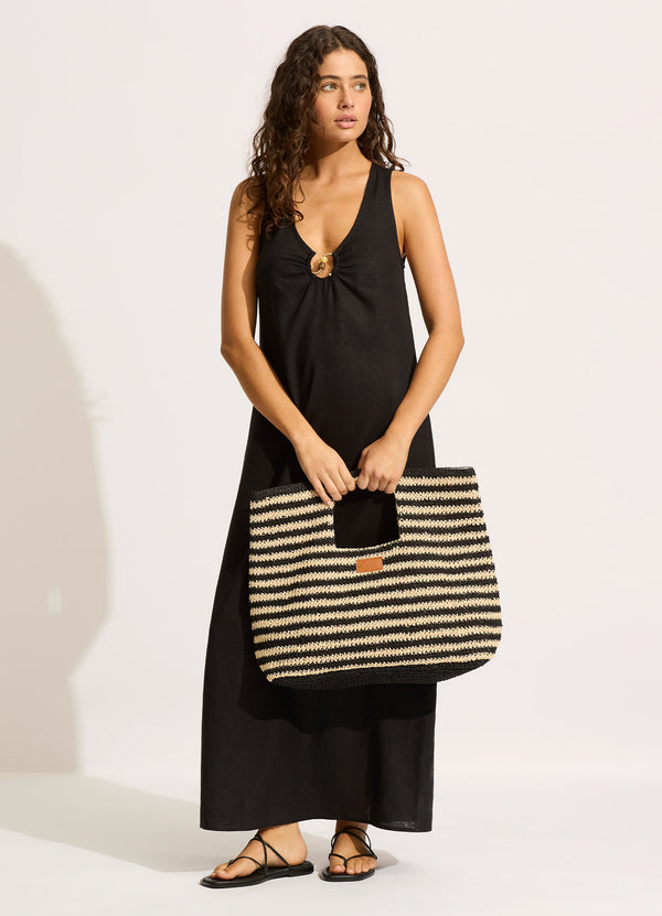 Raffia Stripe Basket Bag - Natural/Black