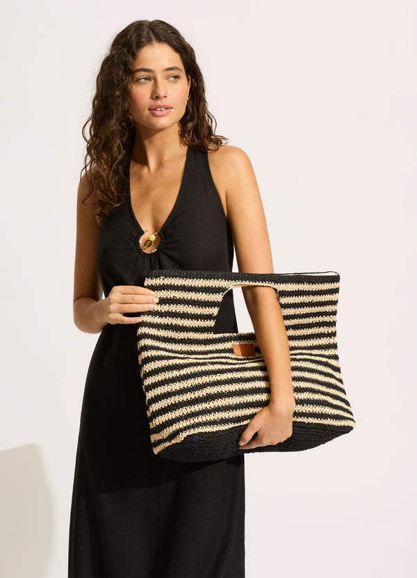 Raffia Stripe Basket Bag - Natural/Black