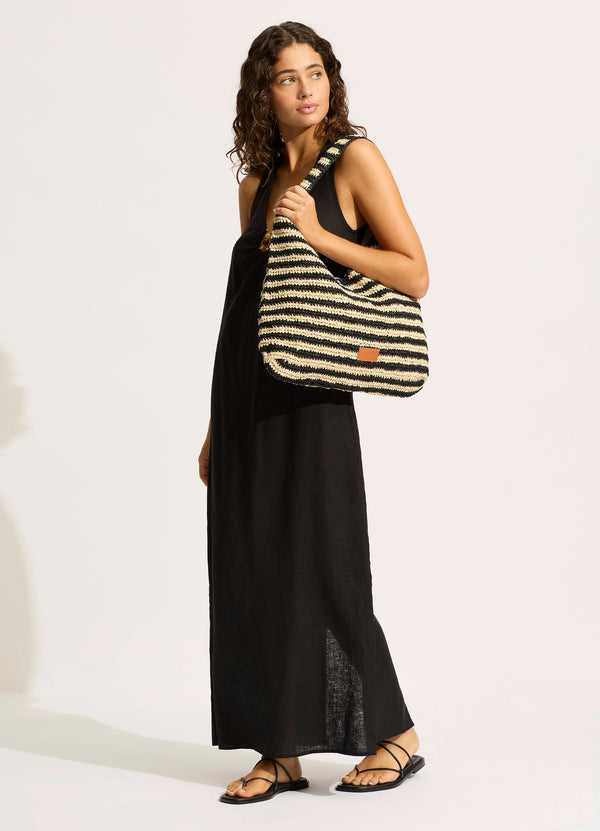 Raffia Stripe Tote Bag - Natural/Black