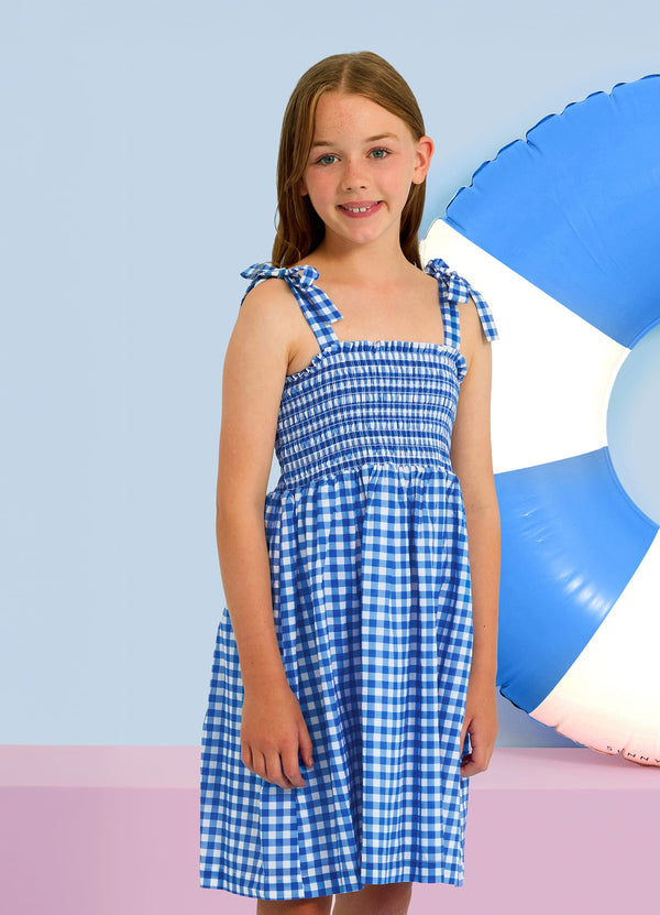 Gingham Shirred Dress - Blue Lottie