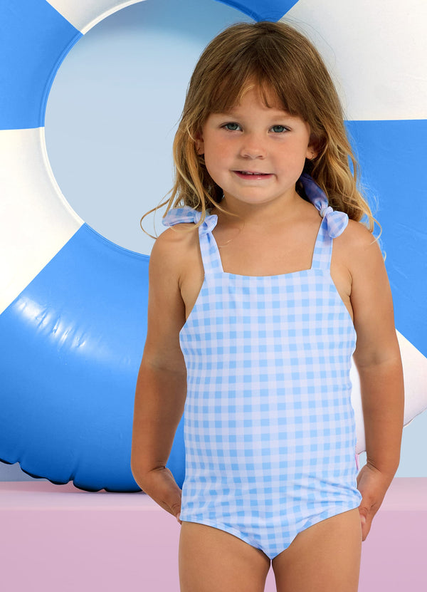Gingham Bow One Piece - Placid Blue