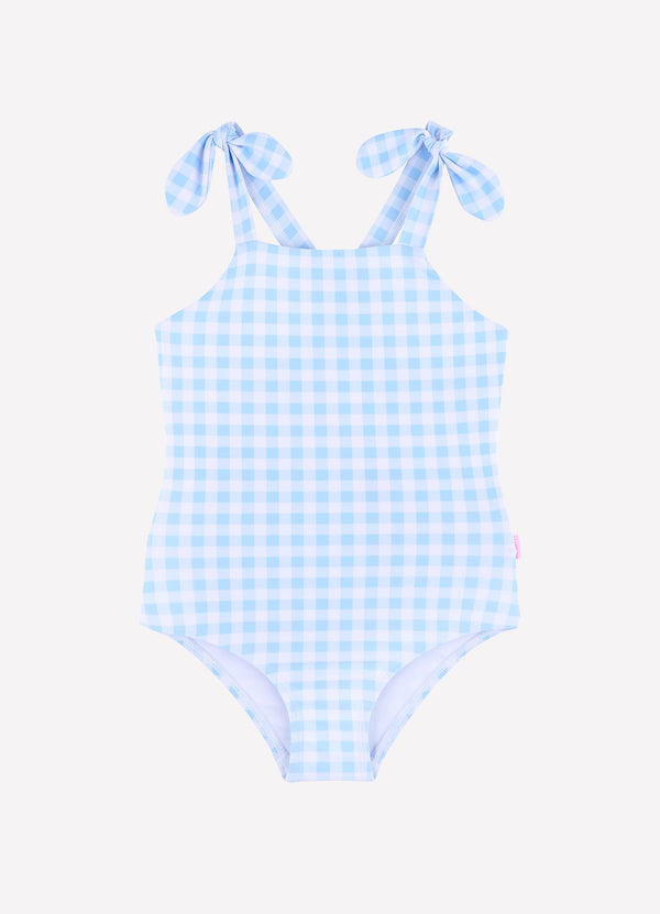 Gingham Bow One Piece - Placid Blue