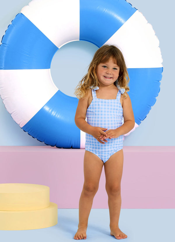 Gingham Bow One Piece - Placid Blue