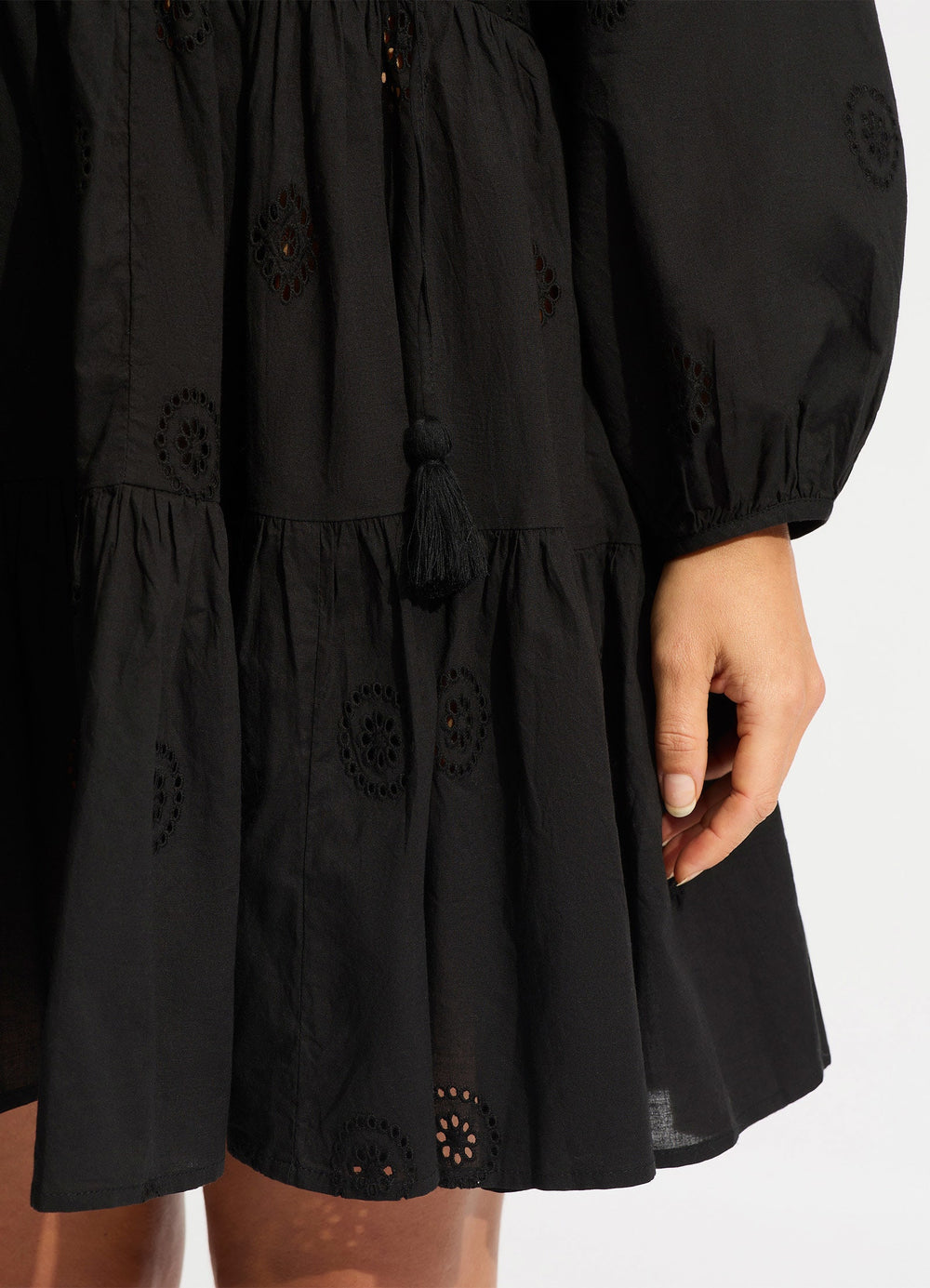 Women Black Embroidered Shawl Collar Tiered Dress