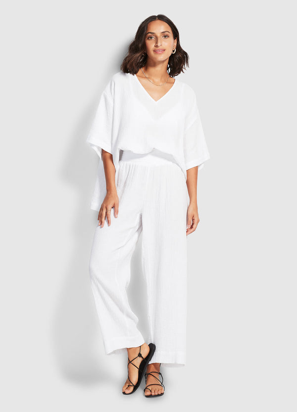 Double Cloth Shirred Pants - White