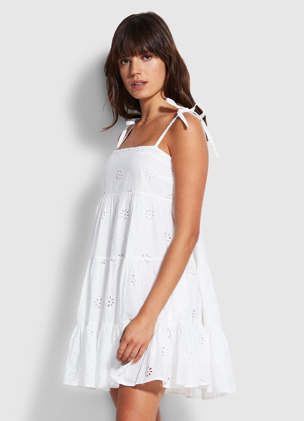 Embroidery Tier Dress  - White