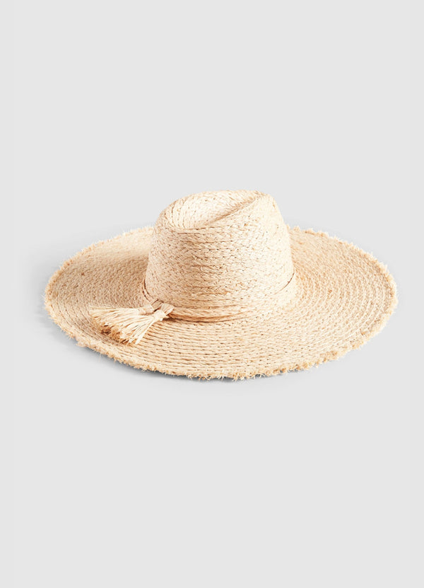 Raffia Fringe Tie Hat - Natural